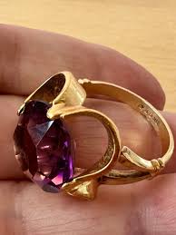 HUGE VINTAGE 10K YELLOW GOLD G.F. PURPLE CRYSTAL PASTE FLOWER RING HALLMARKED | eBay