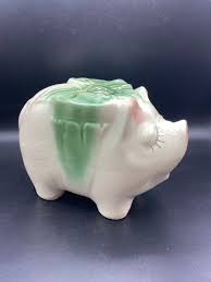 Vintage American Bisque Green Bow USA Pottery Pig Piggy Coin ...