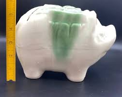 Vintage American Bisque Green Bow USA Pottery Pig Piggy Coin ...