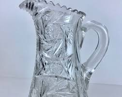 Antique Hand Cut Glass Pitcher American Brilliant Period Sawtooth Rim Hobstar Pattern Handled 10” T Beautiful Vintage Tankard Early 1900's - Etsy