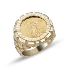 Nugget Design Coin Signet Ring Solid 10K Yellow Gold