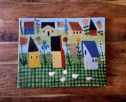 Folk Art Oil Painting: Farm, Sunflowers, Chickens (16x20) - Etsy