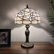 Tiffany Style Table Lamp White Stained Glass Flowers LED ...