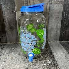Vintage Glass Sun Tea Jar Floral Flower Blue Plastic Lid ...