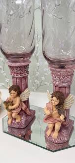 Cherub/angel Resin Candleholders hand painted Pair W/Pink Glass Votives Read | eBay