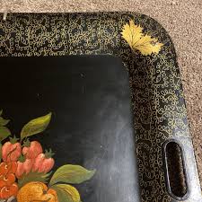 Large Antique Toleware Tray Black w Ornate Fruit Basket ...