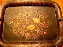 Antique 19ThC Painted & Stenciled Toleware Tray Basket Of ...