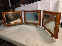 Antique Oak Triple Beveled Mirror Shaving Mirror / Vanity With Original Leather | eBay