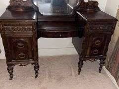 Walnut Antique Vanity w/ Mirror on Castors + Matching Chair & Bench 64” tall, 4' wide & 18” deep - Sherwood Auctions