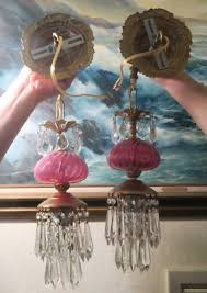 PAIR Vintage Fenton Swirl Cranberry Glass Bronze Brass Sconces lamp crystal | eBay
