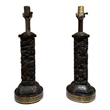 1950s Fine Chinese Wood Brass Table Lamps Style James Mont | Chairish
