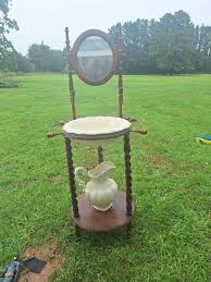 porcelain pitcher wash basin with wood stand with intricate ...