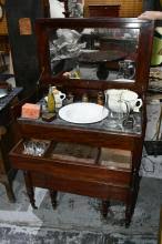 Sold at Auction: Antique French Mahogany Wash Cabinet - with hinged lidded top opening to reveal internal mirror, grey marble shelf, comes with various later added accessories, non-antique water bowl, also features pull out bidet to base
