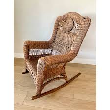 Mid 20th Century Vintage Cottage Chic Wicker Rattan Medallion Wingback Adult Rocking Chair | Chairish