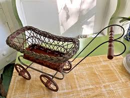 Antique Wicker and Metal Baby Doll Carriage Stroller Wooden ...