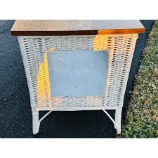 Vintage 1950s Oak Wood & White Wicker Rectangular Table | Chairish