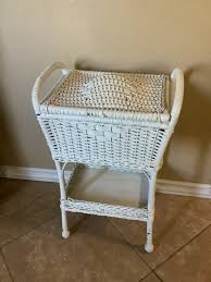 Antique Craft/Sewing Basket Stand Rattan Wicker Shelf & Storage Box | eBay