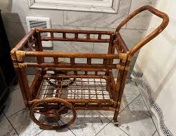 Vintage Rattan and Bamboo Tray Bar Cart | Chairish