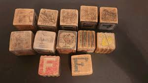 12 Antique Wood Alphabet Blocks ABC Animals | eBay
