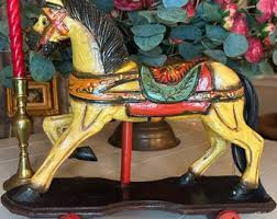 Vintage Hand Painted Carved Wooden Horse Carousel on Wheel Pull Toy 1940's From France - Etsy