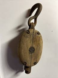 Primitive Vintage Block and Tackle Wood Pulley Single Wheel Hook Cast Iron | eBay