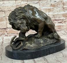 Signed Barye Snake and Lion Bronze Marble Sculpture Statue ...