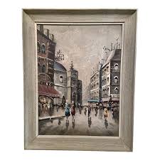 MCM 1960s French Street Scene Oil on Canvas Signed | Chairish