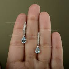 Aquamarine Diamond Drop Huggie Hoop Earrings: 14k White Gold ...