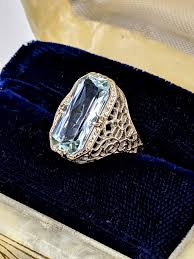 Art Deco White Gold Aquamarine Ring - 14k Antique Filigree Aquamarine Ring - Emerald Cut Aquamarine Ring - White Gold Filigree Aquamarine - Etsy