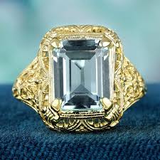 Natural Aquamarine Vintage Style Filigree Ring in Solid 9K Yellow Gold For Sale at 1stDibs