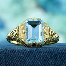 Natural Blue Topaz Vintage Style Filigree Ring in Solid 9K Yellow Gold For Sale at 1stDibs