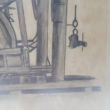 Antique Pencil Drawing Industrial Machinery Wood Frame 33X28 Original Signed | eBay