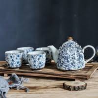 5 Piece Japanese Blue Broken Flower Tea Set, 1 Teapot & 4 ...