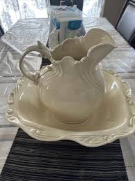 Vintage Pottery Pitcher Wash Basin Bowl White & Gold Ceramic ...