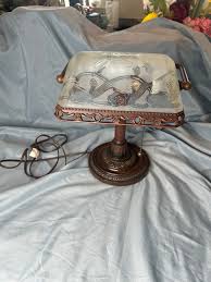 Bronze Floral Glass Shade Banker/Desk Lamp Style