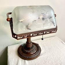Bronze Floral Glass Shade Bankers Lamp | Vintage Desk Lamp ...