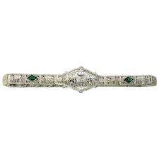 Vintage 10 Karat White Gold Filigree Diamond and Simulated Emerald . For Sale at Ruby Lane
