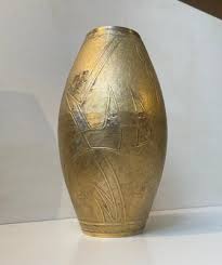 Vintage Art Deco Style Torpedo Vase in Etched Brass for sale at Pamono