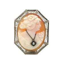 14k Gold Shell Cameo Pin Pendant Art Deco Filigree Frame ...