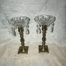 Pair Vintage Candlesticks Brass w Crystal Prism Drip Plates ...