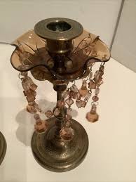 Etched Brass Candlesticks India W/ Amber Flower Bead ...