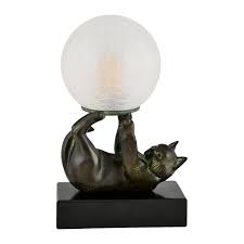 Art Deco style lamp with cat CHAT JONGLEUR signed Janle for ...