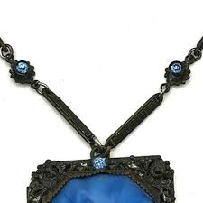 Vintage 1920s Czech Art Deco Blue Glass Necklace Filigree ...
