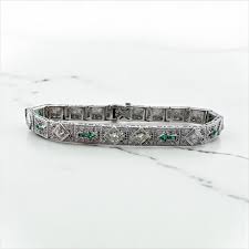 Vintage Art Deco Diamond & Emerald Filigree Bracelet 14K ...