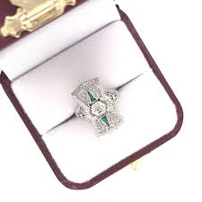Antique Art Deco Emerald and Diamond Filigree Ring at 1stDibs