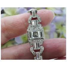 Art Deco Vintage Asscher Baguette Round Diamond Platinum Bracelet . For Sale at Ruby Lane
