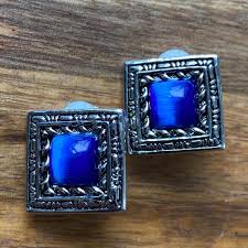 Vintage Clip on Silver and Blue Tiger Eye Earrings, Square ...