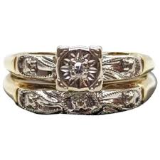 Similar Items to Art Deco Engagement Wedding Diamond Ring Set. Vintage 1930s or 1940s Wedding Ring Set. 14k Multi-Tone with a Diamond. st(165)