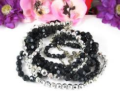 Four Strand BLACK & SILVERTONE BEADED NECKLACE Round Faceted ...