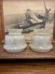 Vintage Pair of Frosted Glass Lamp Shades With Rose Motif For Sale at 1stDibs